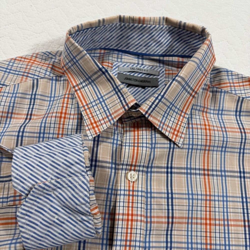 Johnston Murphy Mens Plaid Button Down Shirt Tailored Fit Blue Orange Flip Cuff